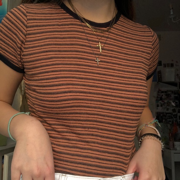 forever 21 burnt orange brown striped ribbed tee - Picture 2 of 4